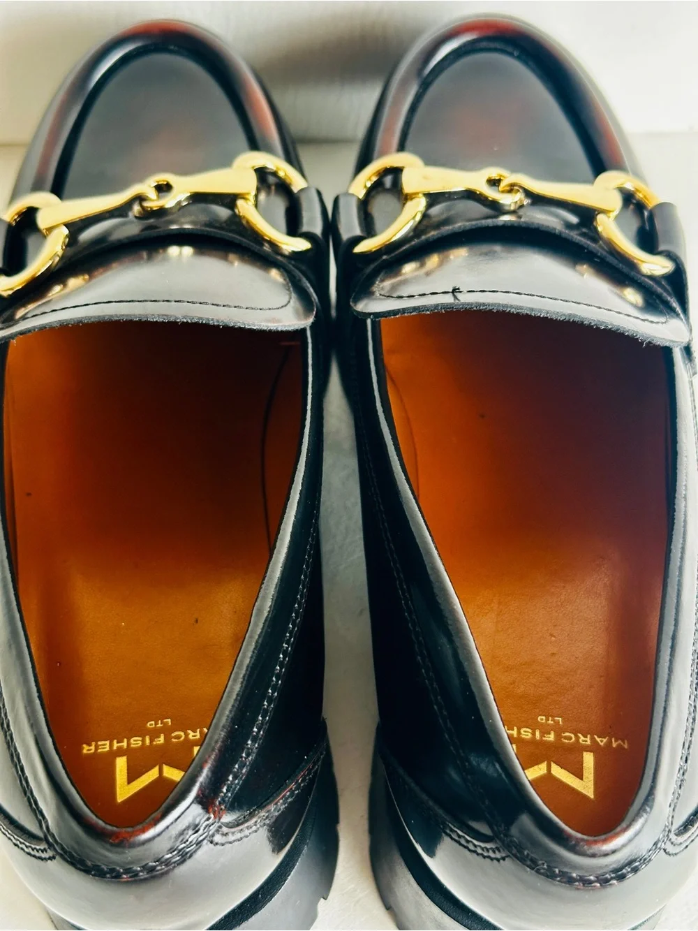 MARC FISHER Brn/Blk With Gold Horsebit Hardware Platform Loafer